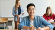© Postmodern Studio - Young asian male student studying in classroom with female teacher and peer