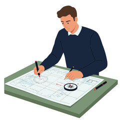 Poster - Person analyzing blueprints with compass in flat vector illustration style
