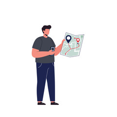 Poster - Person holding a map and smartphone in flat vector art style