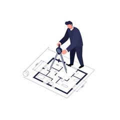 Poster - Surveyor working on architectural plans in minimal flat vector art