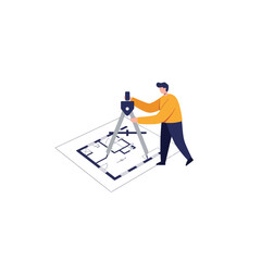 Poster - Architect using a compass on a blueprint in a flat vector art style