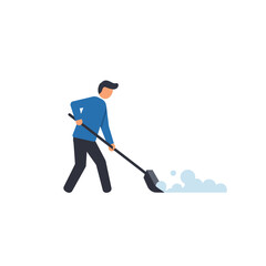 Poster - person shoveling snow in a winter scene flat vector illustration