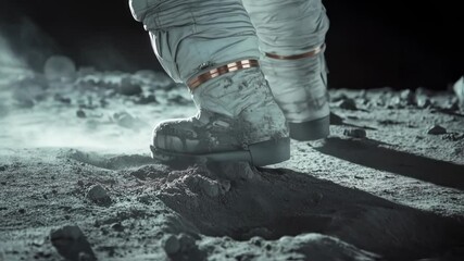 Poster - close up view revealing astronaut boots creating distinctive footprints across lunar gray surface, g