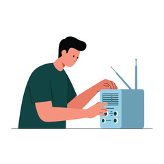 Poster - Person adjusting radio settings in flat minimal vector art illustration