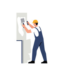 Poster - Worker applying plaster to wall in flat vector illustration style for construction project