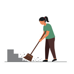 Poster - Woman sweeping debris with a shovel in flat vector art style vector illustration