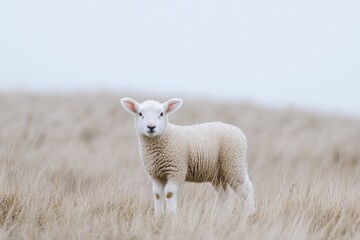 Aufkleber - Lamb standing in a soft grass patch against a gentle white background during a calm day