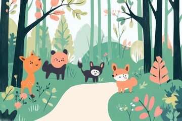 Poster - Soft forest path with friendly animals walking together during a sunny day in a vibrant woodland setting