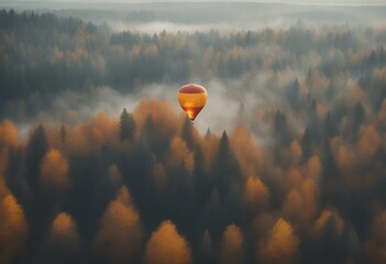Wall Mural - autumn balloon misty aerial forest pine hot tree air landscape background destination sunset freedom mountain transport flight cloud colourful holiday mist beautiful nature sunrise sky transportation