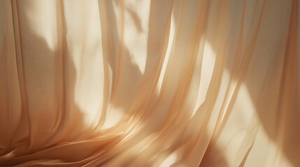Poster - A close-up view of delicate, sheer light peach fabric softly illuminated by sunlight creating gentle shadows and highlights with a serene atmosphere