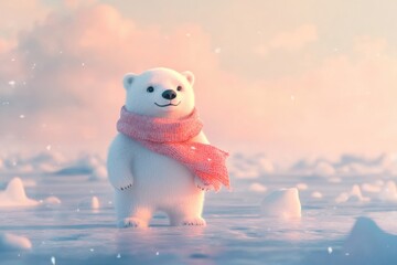 Aufkleber - Little polar bear wearing a scarf stands on a pastel ice field during a calm winter day