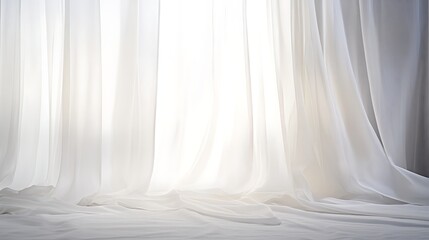Poster - Soft, translucent white curtains draping elegantly against a bright, diffused light source creating an airy and tranquil atmosphere