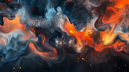 Poster - A vibrant abstract swirl of orange, blue, and gray fluid shapes creating a mesmerizing cosmic feel with hints of sparkle and glow