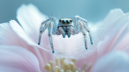 Close-up shot of a jumping spider on a delicate flower petal. Macro photography showcasing intricate details and vibrant colors of nature.
