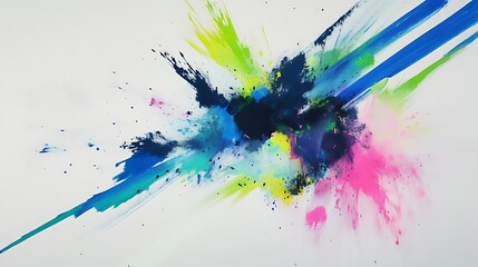 Poster - Abstract burst of vibrant colors including blue, green, pink, and black splashes on a white canvas creating a dynamic and energetic feel