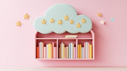 Aufkleber - Cloud-shaped bookshelf adorned with pastel books and star garland for childrens room decor