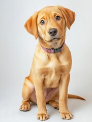 Poster - Golden labrador puppy with friendly expression and bright eyes sitting against white background