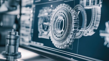 Poster - Close-up of mechanical parts designed on a computer monitor with D modeling software, no people