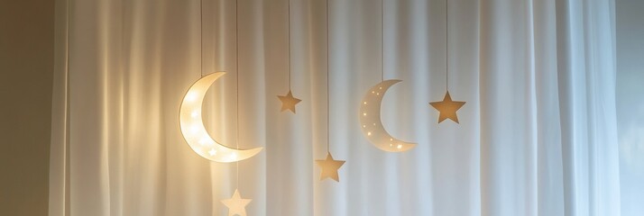Aufkleber - Charming mobile with hanging moon and stars softly illuminating wall in a serene room setting