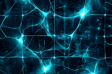 Poster - A complex network of luminous teal lines and points against a dark background.