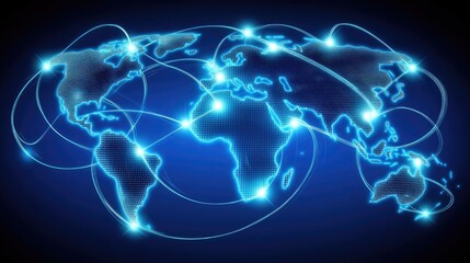 Poster - Global technology business network concept with glowing nodes and digital world map