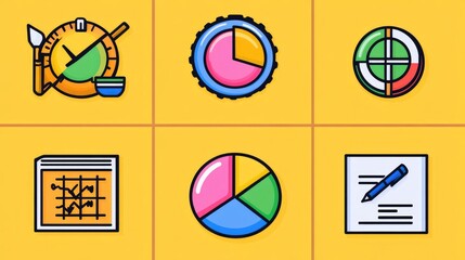 Poster - Grid display of flat business icons such as target, pie chart, and strategic thinking