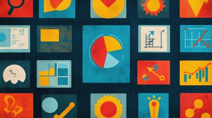 Poster - Grid display of flat business icons such as target, pie chart, and strategic thinking