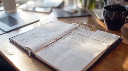Poster - High-angle view of organized engineering binder with project phases and milestone tabs