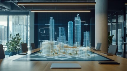 Poster - Interactive touchscreen boardroom setup with rotating D construction models