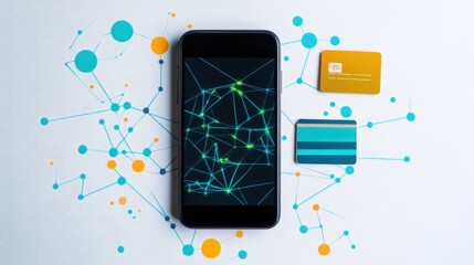 Poster - Smartphone and debit card placed next to colorful icons representing digital purchases and checkout