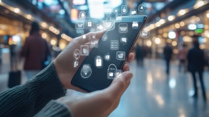 Poster - Smart technology interface with icons for e-commerce, IoT, and AI surrounding digital globe
