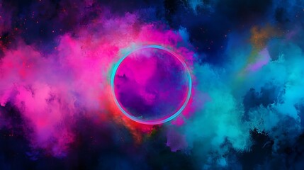 Poster - Colorful abstract cosmic composition with vibrant hues of pink, purple, blue, and teal showcasing a circular form amidst a galaxy of stars and swirls