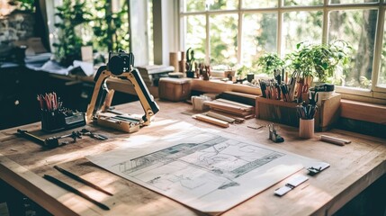 Poster - Workbench with high-tech construction instruments, laser measurers, and scanners