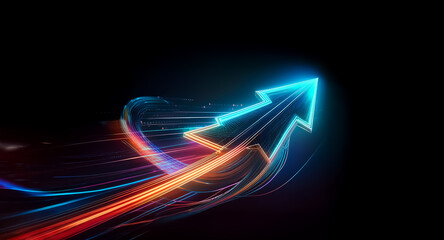 Aufkleber - vibrant blue arrow with orange trails streaks upward on a stark black backdrop, conveying forward mo