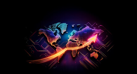 Poster - illuminated world map with a vibrant upward arrow on a dark backdrop. neon colors highlight the map 