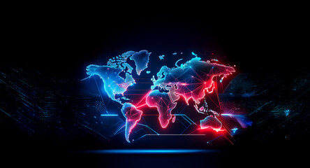 Poster - glowing world map in vibrant neon blue and red hues against a dark backdrop. it evokes a sense of mo
