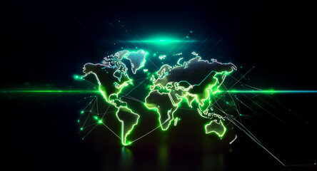 Wall Mural - glowing world map illuminated with green lines and dots against a dark backdrop, symbolizing global 