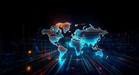 Poster - a glowing digital world map illuminates a dark background with lines and grid patterns, suggesting g