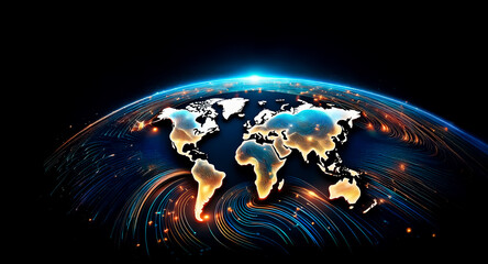 Wall Mural - a stylized world map glows brightly against a dark cosmic backdrop, with dynamic light streams emana