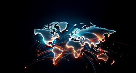 Aufkleber - illuminated world map outline against dark backdrop. bright lines radiate from continents, suggestin