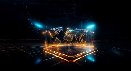 Poster - a luminous world map is encased in a geometric cube, radiating vibrant orange and blue light against