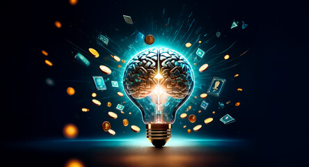 Poster - A glowing brain inside a lightbulb radiates bright light, surrounded by floating cards and golden coins against a dark backdrop, symbolizing innovative ideas and knowledge.