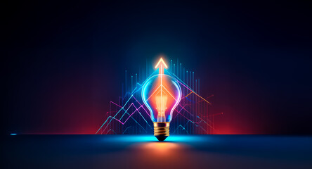 Wall Mural - a glowing lightbulb emits an upward neon arrow against a dark backdrop with abstract lines, symboliz