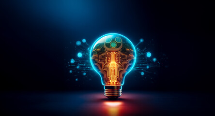 Aufkleber - a glowing lightbulb with a visible circuit board inside emits a blue light against a dark background