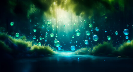 Canvas Print - ethereal light streams illuminate floating orbs above reflective water, flanked by mossy green banks