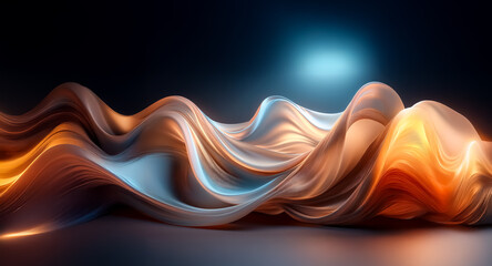 Fototapete - Abstract flowing waves in orange and blue tones create a luminous and smooth gradient effect against a dark background, evoking a sense of motion and elegance.
