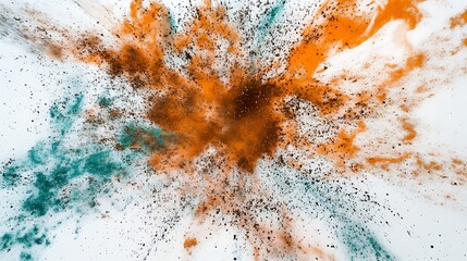 Poster - Abstract art showcasing dynamic splashes of orange and teal against a white background, conveying energy and creativity through the interplay of colors and textures
