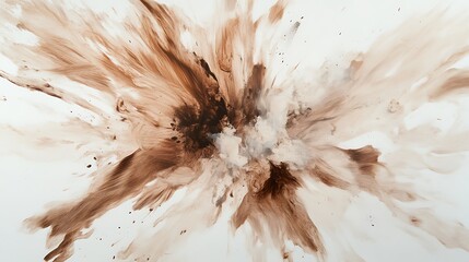 Poster - Abstract explosion of brown and beige hues on a white canvas with splatters and dynamic brush strokes creating a sense of movement and energy