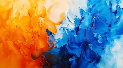 Poster - Dynamic abstract painting showcasing a vibrant blend of orange and blue hues with fluid brush strokes and textures creating an energetic visual contrast
