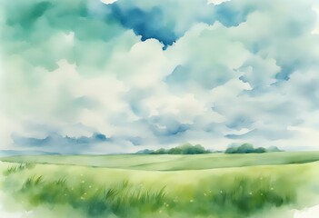 Wall Mural - blue abstract green grass painted landscape background hand watercolor sky clouds vibrant art textur